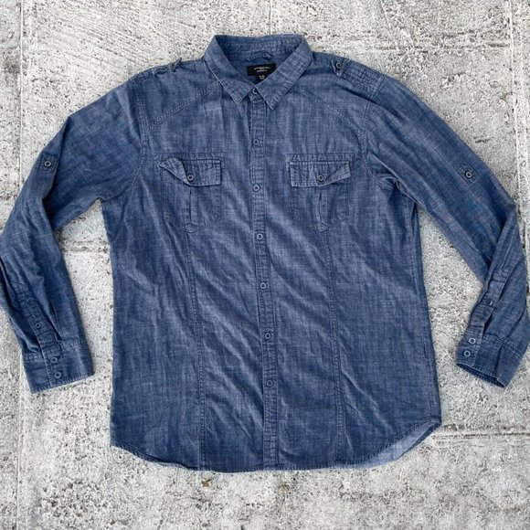 Attention Men Casual Shirt Button Up Blue Denim Long Sleeve Modern Fit Shirt Siz - Picture 2 of 9